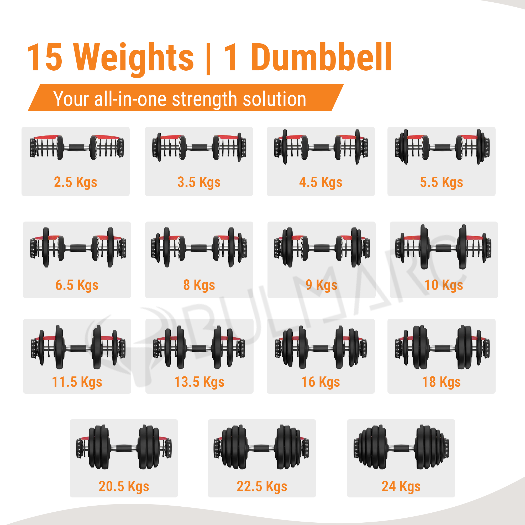 Bulmarc Adjustable Dumbbell Pair 2.5kg–24kg Each | 15-in-1 Weight Set | Home Gym Strength Training