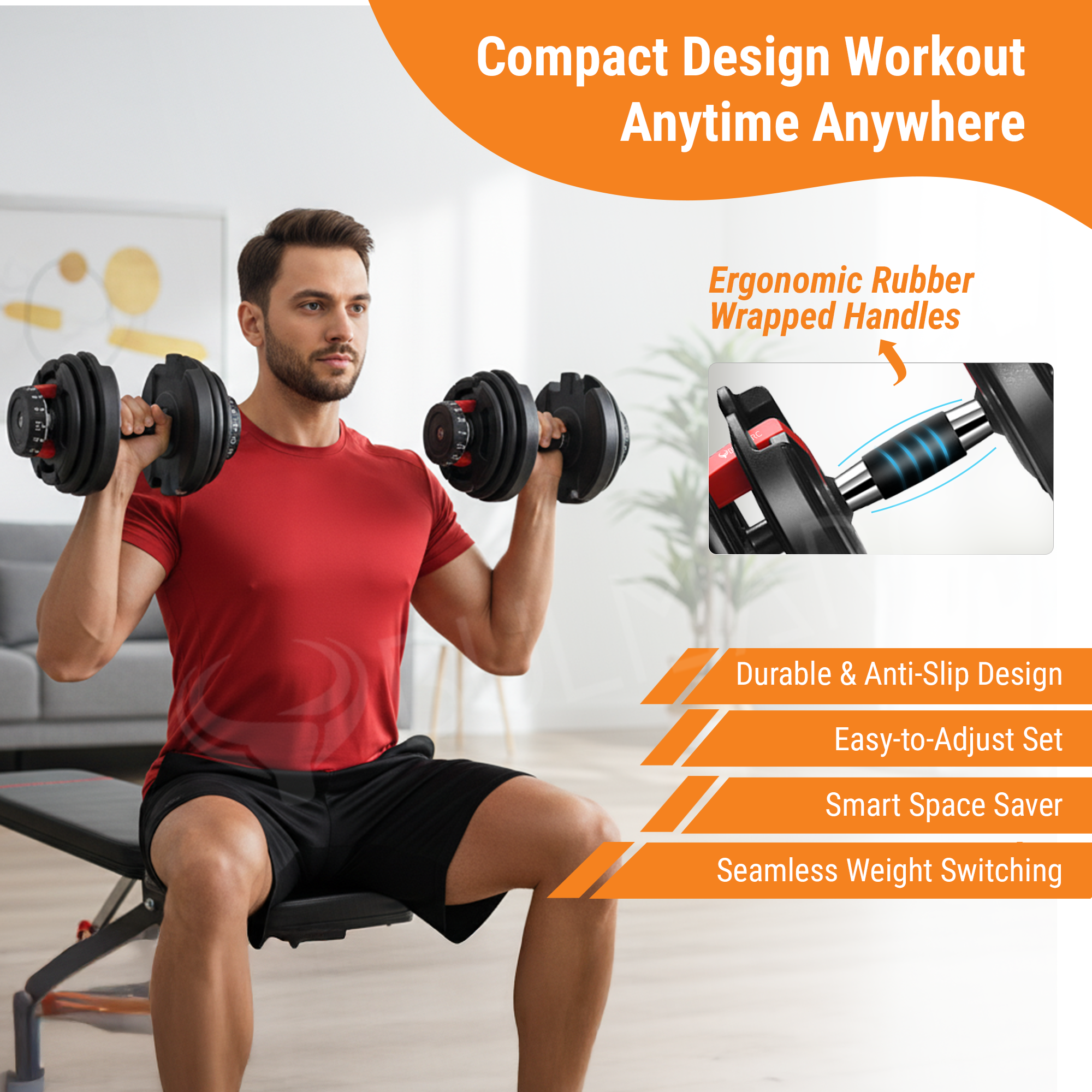 Bulmarc Adjustable Dumbbell Pair 2.5kg–24kg Each | 15-in-1 Weight Set | Home Gym Strength Training