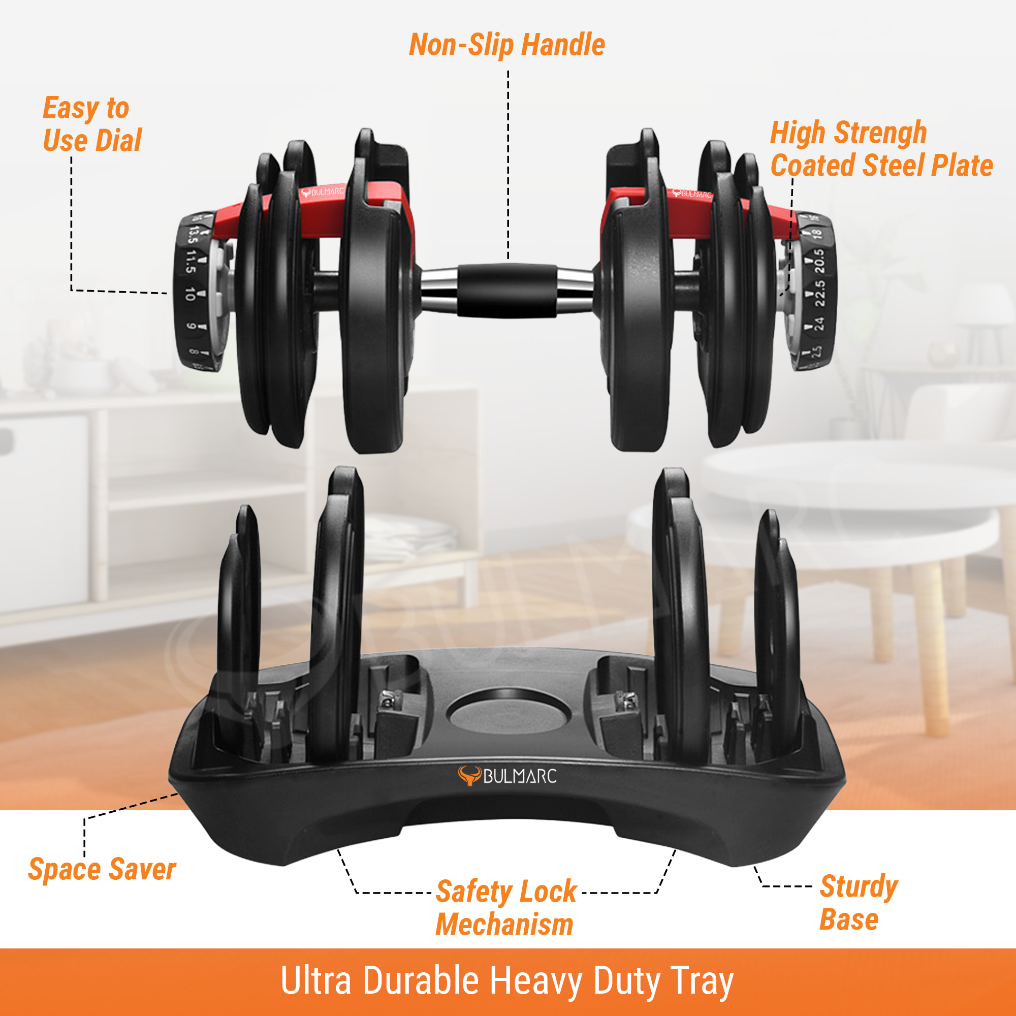 Bulmarc Adjustable Dumbbell Pair 2.5kg–24kg Each | 15-in-1 Weight Set | Home Gym Strength Training